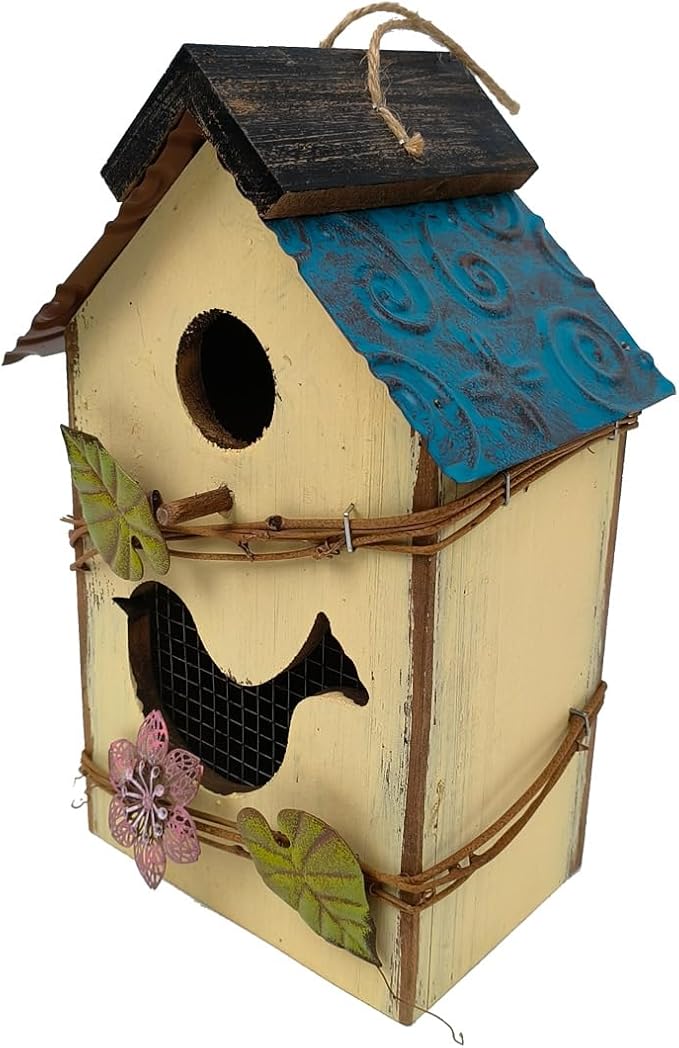 Generic Wood Bird House for Outside, 10"" H Hanging Bird House with Waterproof Metal Roof, Vintage Rustic Decorative Birdhouse Wooden Bird Nest Box for Outdoor Garden Yard Decorations (Yellow)