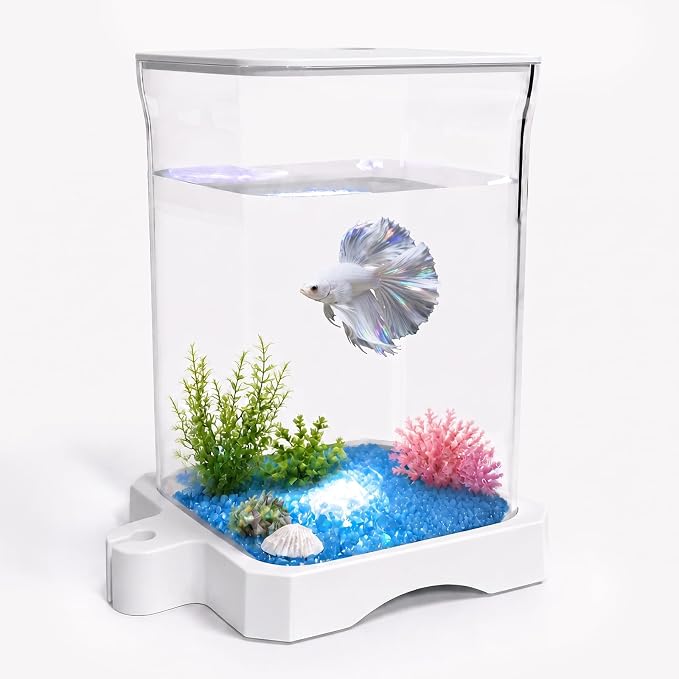 0.5 Gallon Betta Fish Tank Aquarium Starter Kit with Light and Lid(White) | Premium Acrylic Aquarium with Light and Lid, Crystal Clear Starter Kit for Betta Fish, Shrimp, Snails and Small Fish