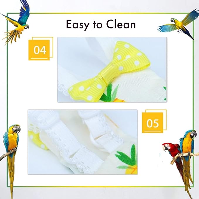 Bird Diaper Carrier Flight Suit Straps, Reusable Training Diaper Set Liners with Hook and Tow Eyes for Parrots and Cockatiels (Yellow LemonV, M)