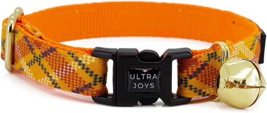 Ultra Joys Cat Collar with Bells - Breakaway for Kittens & Cats - Orange Plaid Small