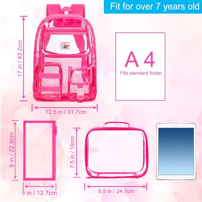 CCJPX 3Pcs Clear Backpack for Girls, School Transparent Bookbag, Heavy Duty See Through Backpacks for Teens Elementary
