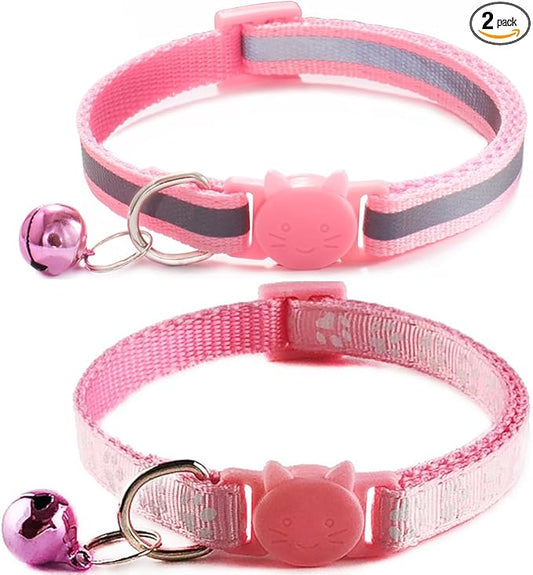 2 Pack Reflective Cat Collar Breakaway with Bells, Girl Boy Cat Collars Adjustable 7.5-12.5 Inch (Pink)