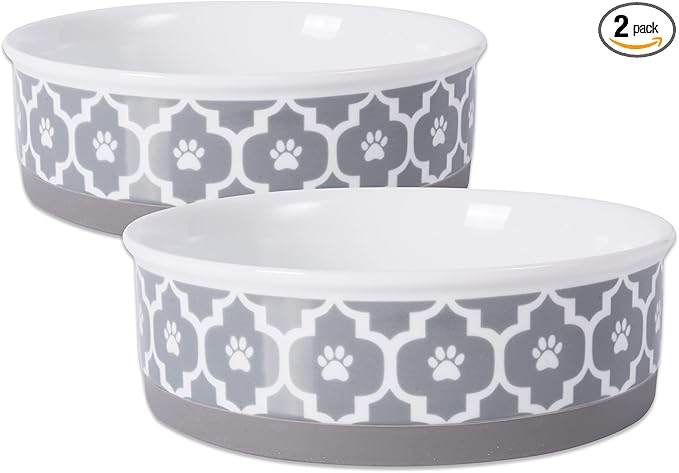 Bone Dry Paw Print Ceramic Pet Bowl, Lattice Collection, Large Set, 7.5x2.4", Gray, 2 Count
