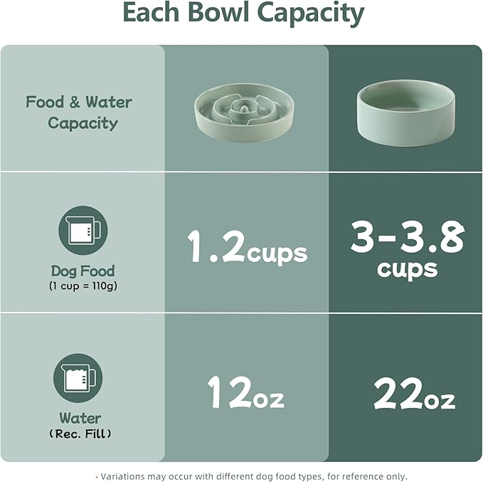 Havniva Ceramic 1.2 Cup Raised Slow Feeder Dog Bowl Set, Elevated 6.1inch Bowl and 7.3inch Puzzle Slow Food Dish with Wooden Stand for Medium and Small Dog, Anti-Gulping (2 x Light Green+ Stand)