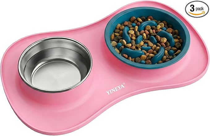 YINEYA Slow Feeder Dog Bowls Stainless Steel Food and Water Bowl Set 3 in 1 No Spill Waterproof Silicone Pet Food Mat Puppy Feeding Station for Large Medium Small Breed Non Slip Metal Dish Tray