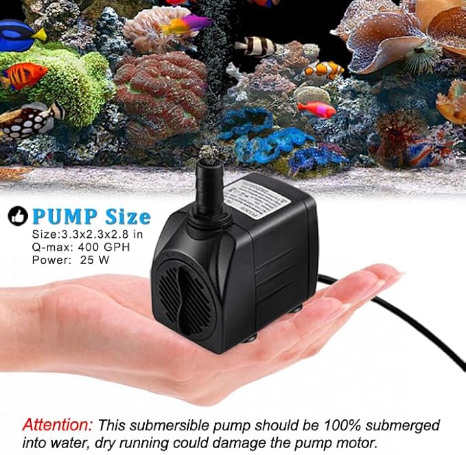 PULACO 400GPH Submersible Pump with 5 ft Tubing, (1500L/H 25W) durable fountain water pump for Pond Fountain, Aquariums Fish Tank, Statuary, Hydroponics