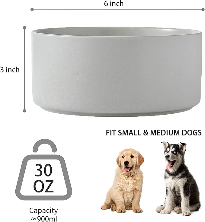 Ceramic Set of 2 Dog Bowls - Classic Dogs Food & Water Bowl for Small and Medium Breed, Heavy-Duty Non-Slip Dog Dishes, Food Grade Pet Bowl, Dishwasher & Microwave Safe (6'', 2 * 30OZ, Grey)