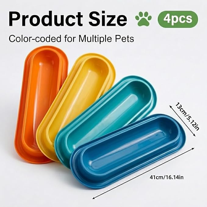 Multi-Cat Home 4-Pack, Long Pet Food Bowls, Large Capacity Non-Slip Easy Clean Dishes for Indoor & Outdoor Feeding (Orange, Dark Blue, Yellow, Lake Green)