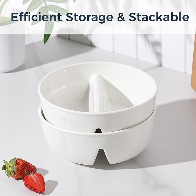 Anti-Soggy Cereal Bowl Set of 2, 6.7 Inch Divided Ceramic Bowls for Cereal and Milk, Chip and Dip Bowl, Soup and Sandwich Plate Combo, Stackable Snack Serving Bowl for Kids Adults, White