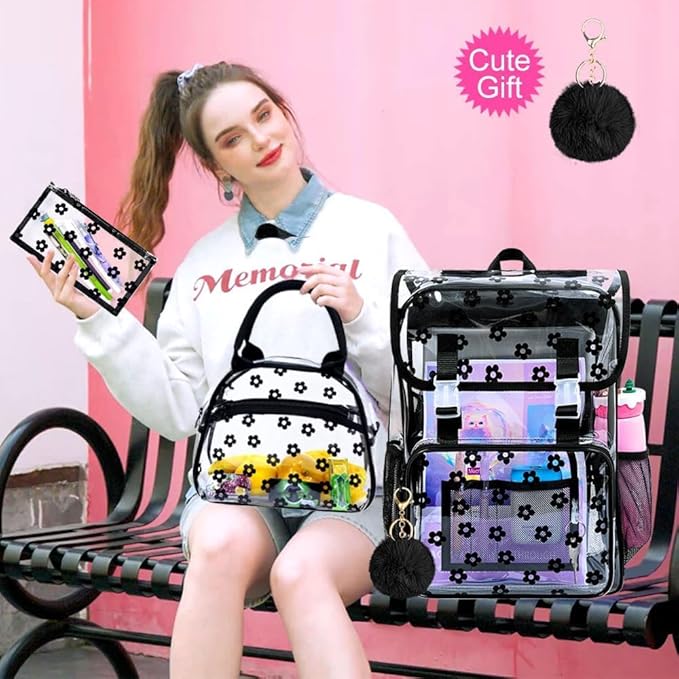17" Plum Blossom Clear Backpack for Girls - 3Pcs Flip Design Stadium Approved Set, Campus/School Transparent Bookbag (Black)