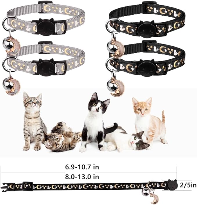 4PCS Cat Collar with Bells,Breakaway Cat Collars,Moons Stars Cute Kitty Adjustable Safe Kitten Collars Pendant Glow in The Dark,Cat Collars for Boy Cats 8.0-13.0 Inch(2 Black & 2 Grey)