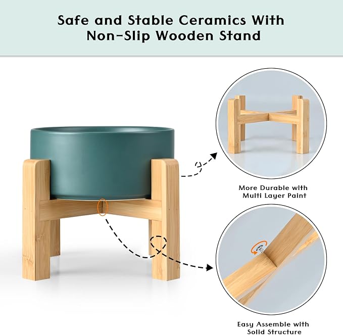 SPUNKYJUNKY Ceramic Elevated Dog Bowls 2 Pack - 6.1inch Raised Dog Bowls with Non-Slip Wooden Stand for Medium Dogs Dishwasher Safe(Green,28.7OZ*2)