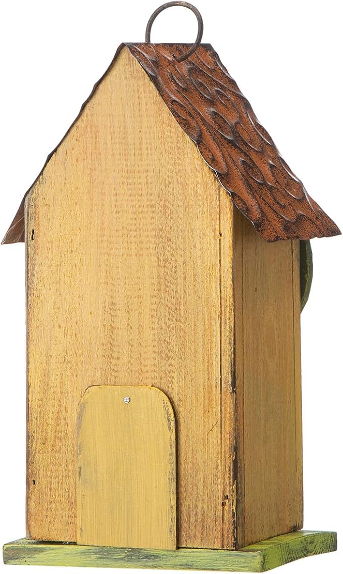 Glitzhome Bird Houses for Outside, 9.7" H Rustic Hanging Birdhouse Decorative Pet Cottage Distressed Wooden Birdhouse with 3D Tree Bluebird House for Outdoor Patio Garden, Yellow
