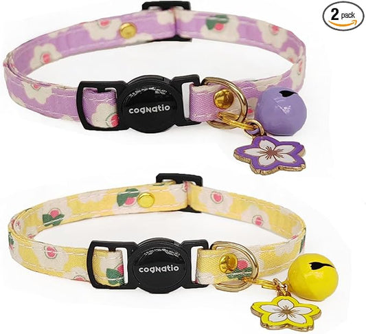 2 Pack Cotton Breakaway cat Collars with Bell,Safety Quick Release Pendant Cute Kitten Collar,Adjustable 20-30cm (Lilac+Lemon, 20-30cm)