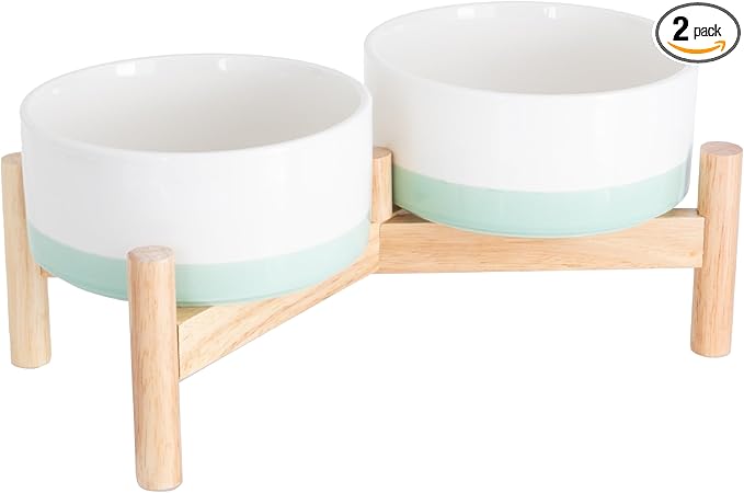 Ilyapa Ceramic Dog Bowls - Elevated for Medium Sized Pet with Raised Food and Water Set - Green Double 6 inch, 28 Oz Bowls & 13x6.3x5.5 Wooden Stand