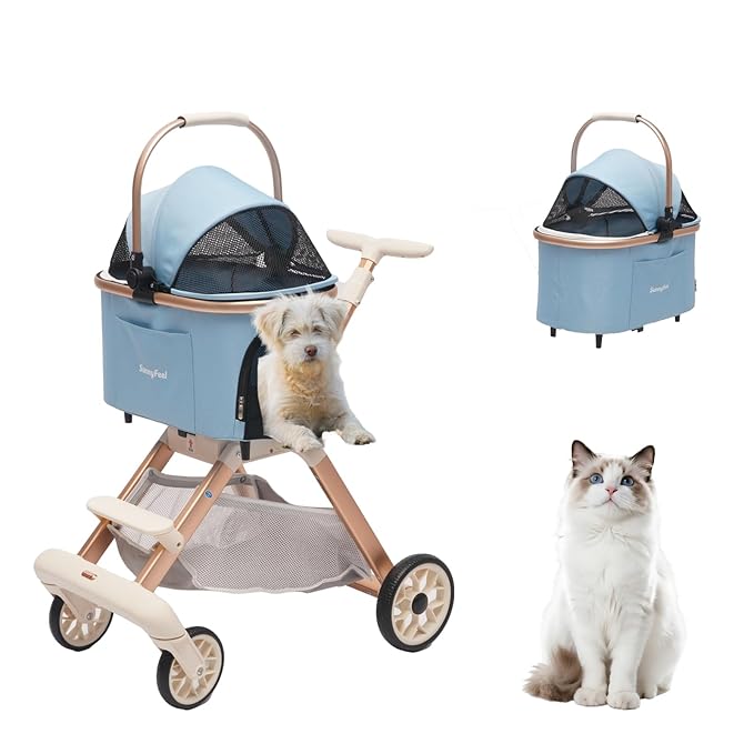 SUNNYFEEL Pet Stroller for Small Dogs and Cats, Aluminum Two-in-one Split, One-Click Foldable Dog Stroller with Detachable Carrier, Holds up to 40 lbs, Side Bag, Breathable Mesh, Blue