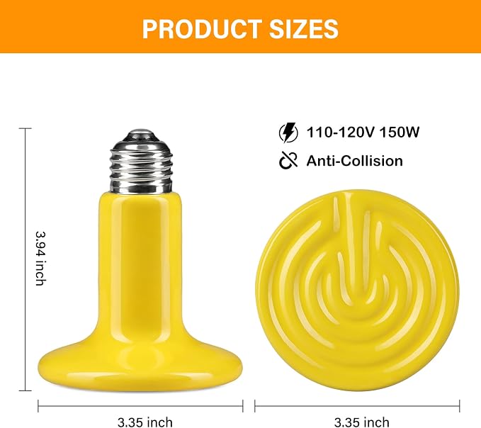 Simple Deluxe Reptile Heat Lamp 150W 2-Pack Ceramic Heat Emitter Heating Bulb No Light, Brooder Coop Heater for Terrarium Amphibian Pet Snake Turtle, Incubating Chicken, Color Version, Yellow