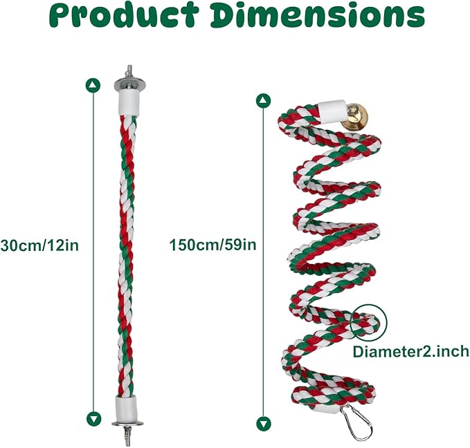 2 Pack Bird Ropes Straight & Spiral Flexible Cotton Rope with Bell Bird Cage Toys for Parakeets Cockatiels Budgies Lovebirds Conures