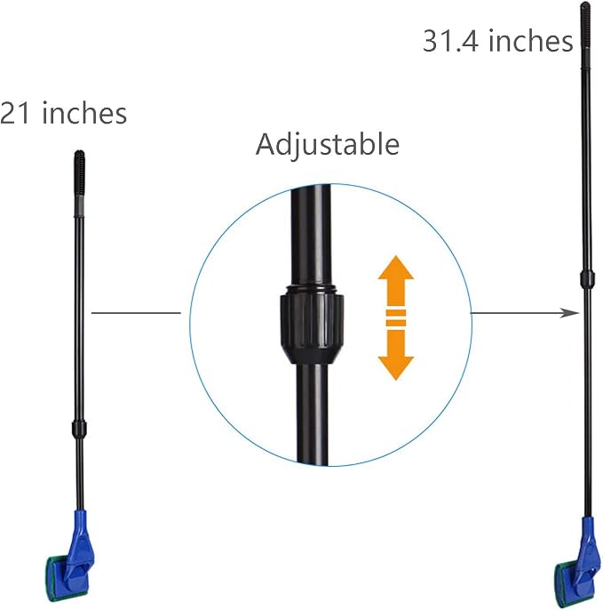 Aquarium Cleaning Tools Kit 5 In 1 Function for Long Deep Fish Tank, Adjustable Length Rod, Including Algae Scrape, Cleaning Sponge, 3.9" Small Fishnet, Gravel Rake, Plant Fork