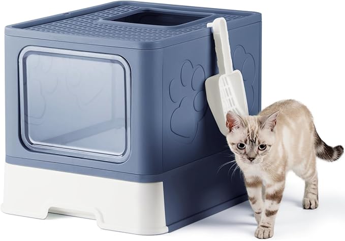 Covered Litter Box, Large Litter Box for Big Cats, Enclosed Cat Litter Boxes with Lid, Top Entry Kitty Litter Box with Scoop, Odor Control, Easy to Clean (Blue)