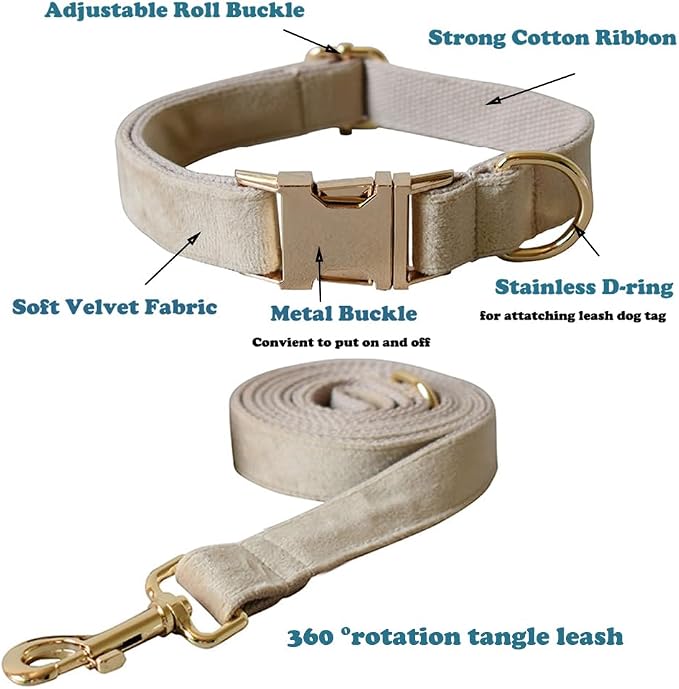 Love Dream Velvet Dog Collar and Leash Set, Soft & Comfy Adjustable Dog Leash and Collar with Heavy Duty Metal Buckle for Small Medium Large Dogs Training & Walking (Small, Skin Color)