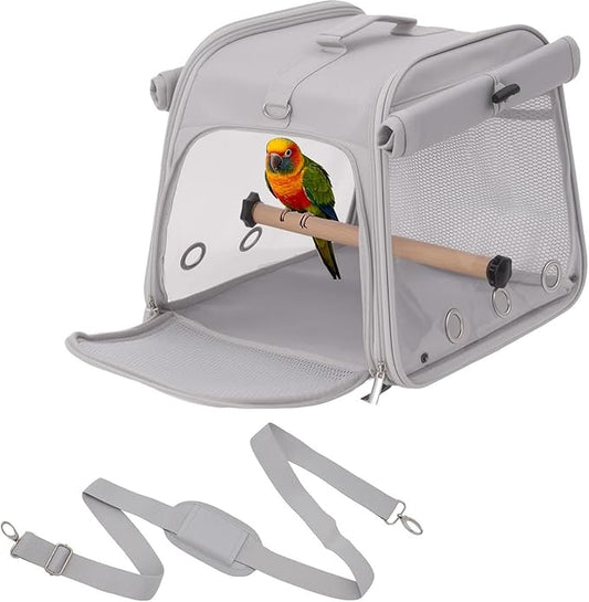 Small Bird Carrier Travel Cage, Portable Bird Cages Bag with Standing Perches for Parrots, Breathable Birds Backpack with Transparent Window for Parakeet Cockatiel Budgies, Grey