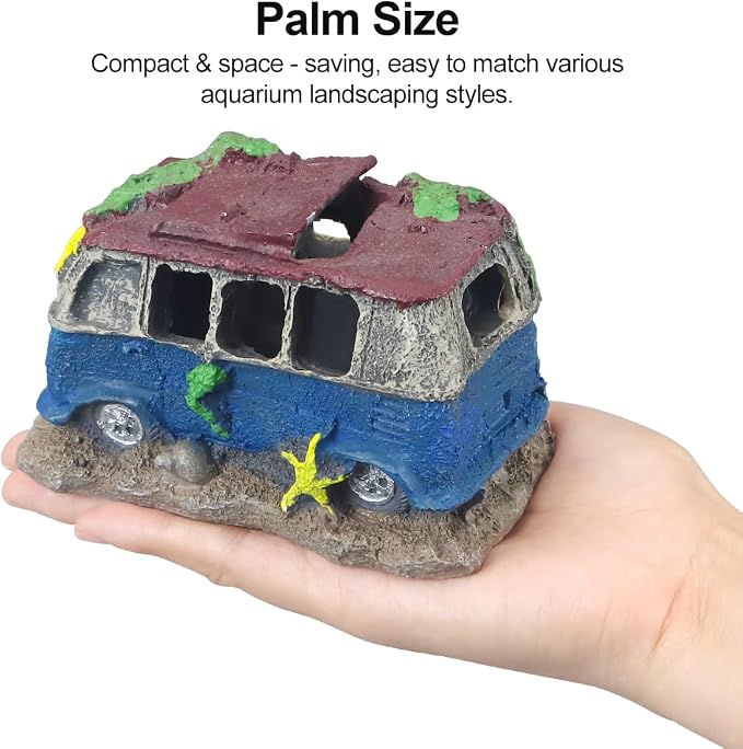 Virekm Resin Rock Cave Hideouts for Fish Tank Aquarium Decor | Safe Natural Design Aquarium Ornaments for Betta, Goldfish, Shrimp, Easy To Clean Tank Landscape Decor (School Bus)
