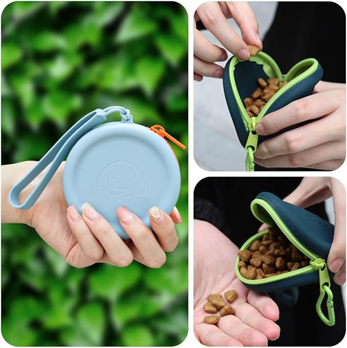 WALLFID Silicone Dog Treat Pouch, 2PCS Pet Walking Bag, Pocket Size, Easy to Clean, Odorless, Zipper Design, Moisture-proof, Portable Training Bag (Lake Blue & Green, 3.55 x 3.55 x 1.18 inches)