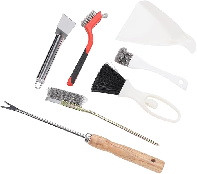 Luqeeg 7Pcs Bird Cage Cleaning Tools Set, Fork Brush Scraper Broom Dustpan Gloves Kit, Stainless Steel Bird Droppings Scraper Tool for Parakeet Items Small Animal Cage Cleaning