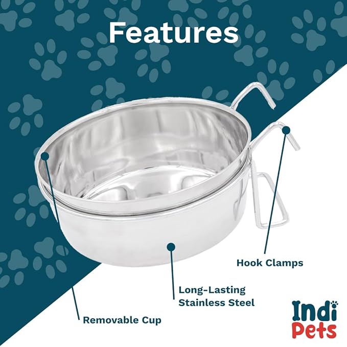 INDIPETS Coop Cup with Hook/Wire Holder: Pet Water and Food Bowl | 20 oz, Stainless Steel (PN: 800115)