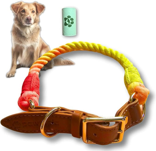 Pawtopia Cotton Braided Rope Collar for Medium Dogs, Vegan Leather Handle (Brown) with One Complimentary Roll of Dog Poop Bags (15 Bags), Durable Metal Buckle (Vivid Rainbow Color, Medium)