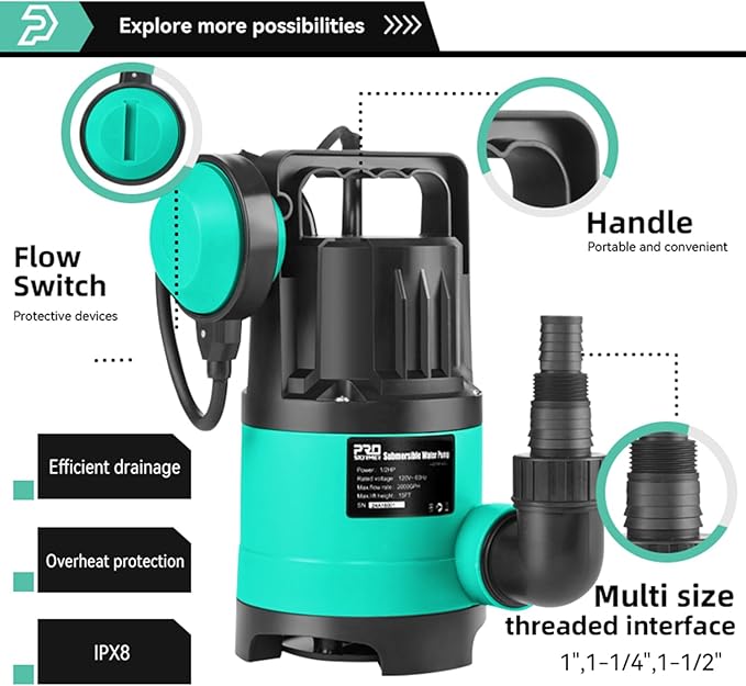 Sump Pump 2000GPH, Prostormer 1/2 HP Submersible Water Pump with Automatic Float Switch, Portable Utility Pump for Pool, Garden, Pond, Basement, Flood Drainage