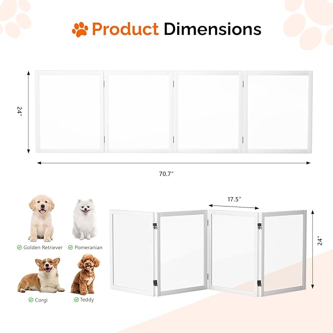 VINGLI Clear Acrylic Freestanding Dog Gate, Transparent Pet Fence with Solid Hardwood and Plastic Board, Pet Gates for Christmas Tree Stairs and Doorways (4 Panels)