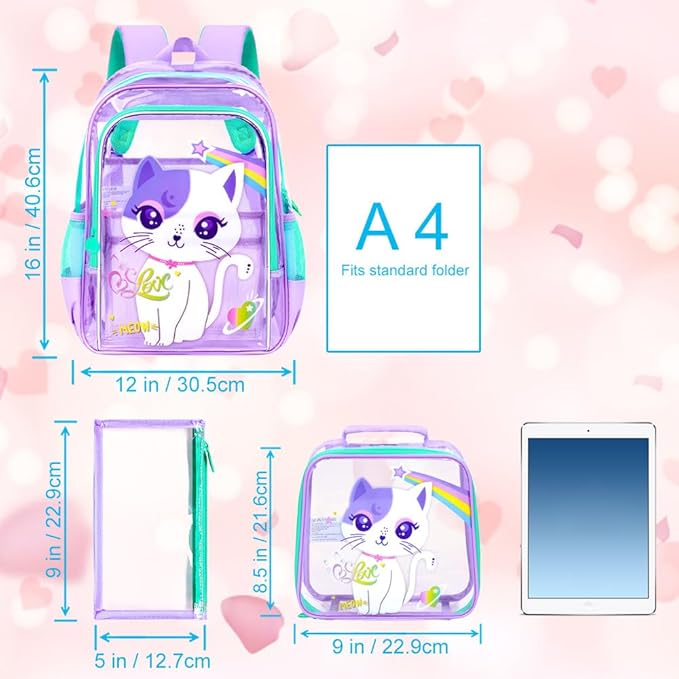 KLFVB 3PCS Clear Backpack for Girls and Boys, Kids See Through Backpacks Stadium Approved, Transparent Bookbag for Elementary
