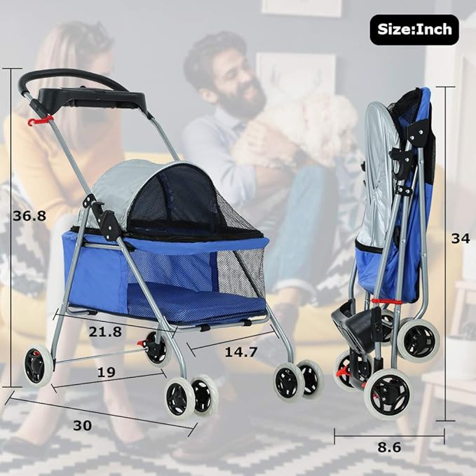 Pet Stroller 4 Wheels Posh Folding Waterproof Portable Travel Cat Dog Stroller with Cup Holder,Blue