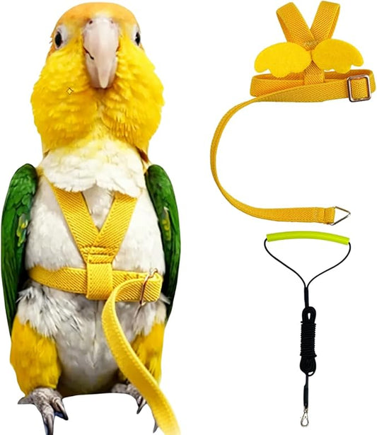 Adjustable Bird Harness with Elastic Leash, Pet Parrot Harness and Leash, Adjustable Training Design Anti-Bite, Bird Nylon Rope with Cute Wing for Conure (Yellow,XL)