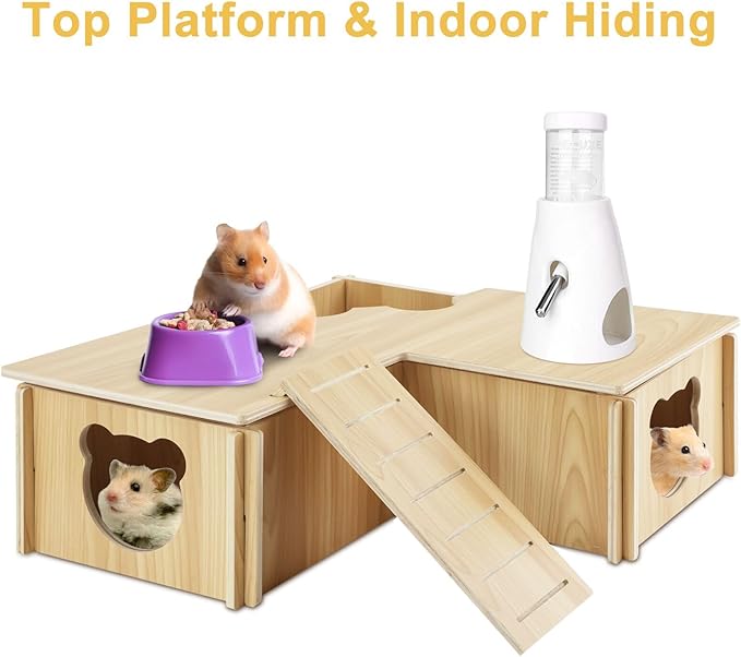 RETON Wooden Hamster House, Hamster Hideout Corner Hamster Accessories, Hamster Hides Platform with Stairs, Hamster Toys Cage Decor for Syrian Hamsters Dwarf Hamster Rat Gerbil