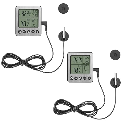 2 Pack zz20 Digital Fridge Thermometer with Extra Sensor, Indoor Hygrometer - Max/Min Temp & Humidity, Black