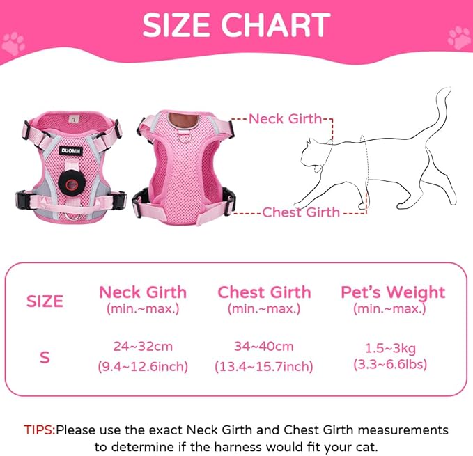 Cat Harness and Leash Set with Holder Compatible with AirTag, Escape Proof Kitten Harness with Lead for Small Cats, Soft Mesh Puppy Jacket Vest for Outdoor Walking, Reflective & Adjustable, Pink, S