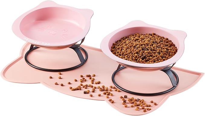 Elevated Cat Bowls with Food Mat & Metal Stand - 7.1" Wide Stainless Steel Whisker Friendly Dishes, 15° Tilt for Cats/Kittens/Small Dogs, Indoor/Outdoor & Travel Use (2-Pack) HBGmao-hao (Pink)