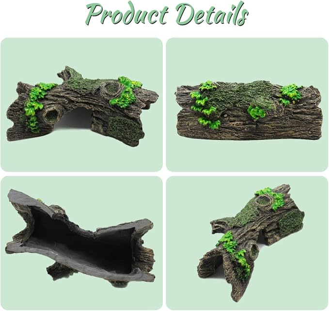 2PCS Small Aquarium Trunk Decoration Hollow Tree Trunk Hideout Log Hideaway Fish Tank Resin Wood Ornament Reptile Habitat Cave for Fish and Shrimp to Swim(6.7X 3.3 x 3'')