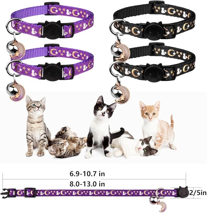 4PCS Cat Collar with Bells,Breakaway Cat Collars,Moons Stars Cute Kitty Adjustable Safe Kitten Collars Pendant Glow in The Dark,Cat Collars for Boy Cats 8.0-13.0 Inch(2 Black & 2 Purple)