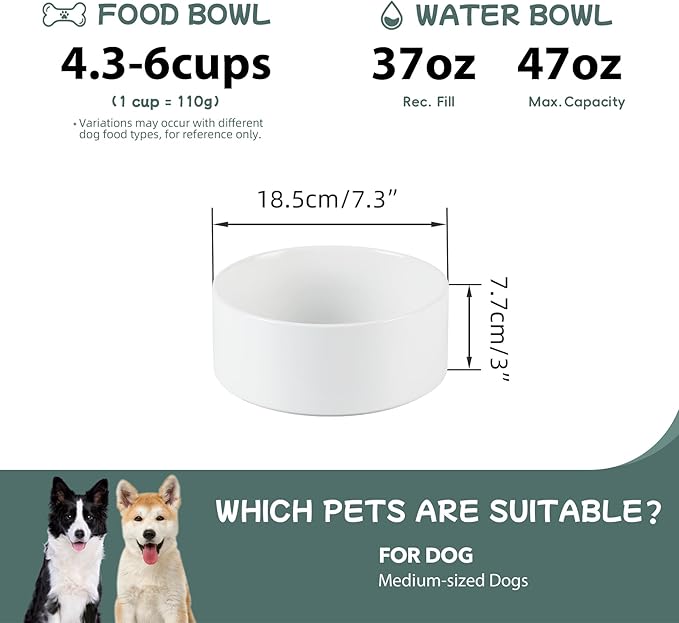 Havniva 7.3” Dog Bowl Ceramic Dog Food and Water Bowl, Durable Dog Water Bowl with Non-Slip Rubber Base Large Capacity Feeding Dishes for Medium Dogs