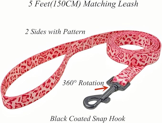Dog Collar Leash Set, Leopard Pattern, Polyester Material, Adjustable Collar and 5ft Matching Leash, for Small Dogs.(S, Pink Leopard)