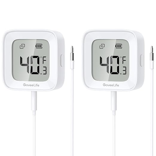 GoveeLife Bluetooth Refrigerator Thermometer with LCD Disaplay, 2-Pack | Freezer alarm fridge monitor with app alerts & anti-false, 197ft range, 2-yr data export. For freezer/fish tank/hot tub