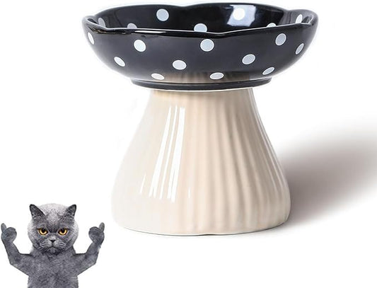Mushroom Cat Bowl,Whisker Fatigue Cat Bowl,Cute Cat Bowls,Elevated Cat Food Bowl, Lead & Cadmium Free Ceramic Cat Bowls for Food and Water.(Black)