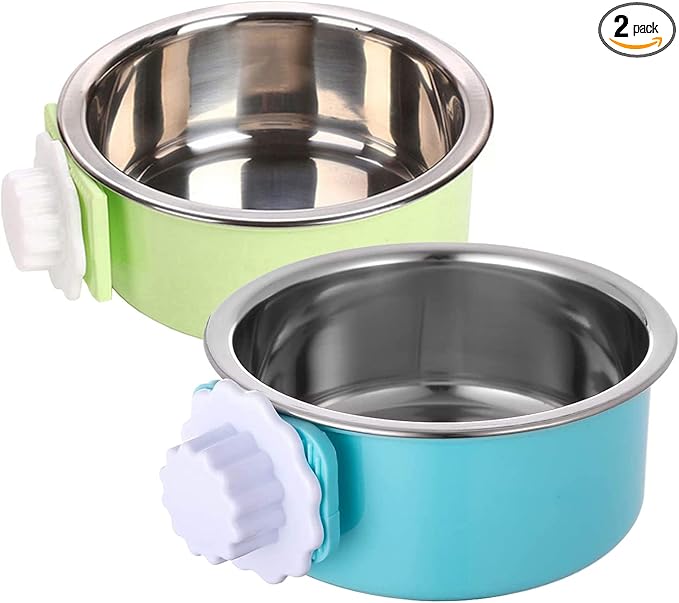 Dog Crate Bowl, Hanging Stainless Steel Removable Pet Crate Water & Food Bowls, Pet Cage Feeder Container Coop Cup for Cat Puppy Birds Rats Guinea Pigs Rabbit Hamster (2PCS)