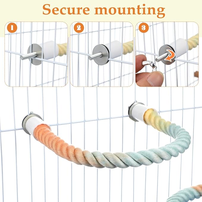 3 Pack Bird Rope Perch for Parakeets Cockatiels, Colorful Cotton Parrot Bungee Swing Toy, 31" & 13" Multi-Shape Bendable Cage Climbing Stand Accessories for Small Medium Birds, Gradient