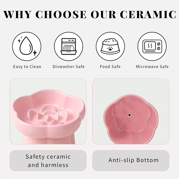 Cat Slow Feeder Flower-Shaped Ceramic Slow Feeder Cat Bowl, Tilted Raised Cat Slow Feeder Bowl for Whisker Relief, Prevents Vomiting & Bloating, Non-Slip Base (White)