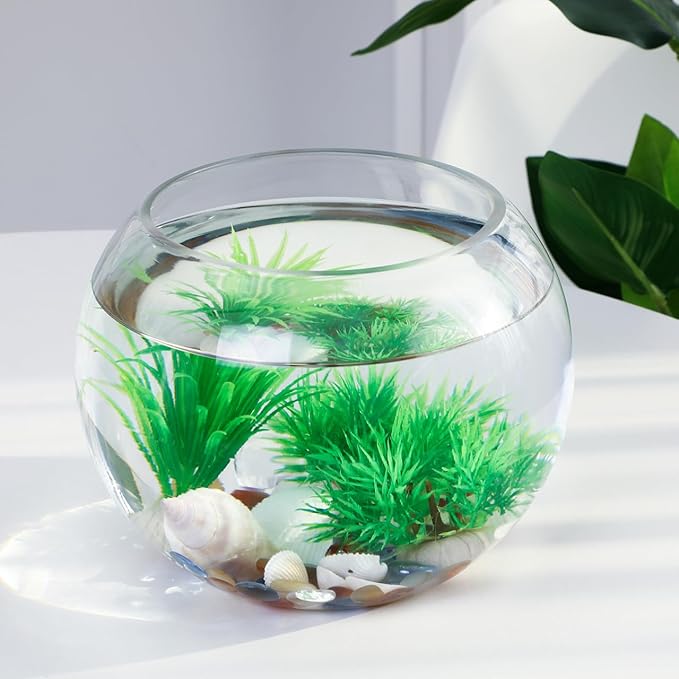 GANAZONO Glass Round Fish Tank 7.87X7.87X6.29 Inch Clear Small Fish Bowl Desktop Aquarium for Goldfish Home Office Wedding Decoration and Hydroponic Vase